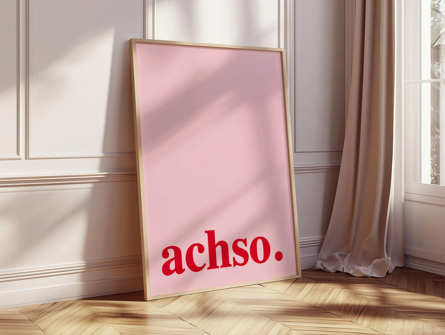 Gerahmtes "Achso" Poster in moderner Schlafzimmer Optik.