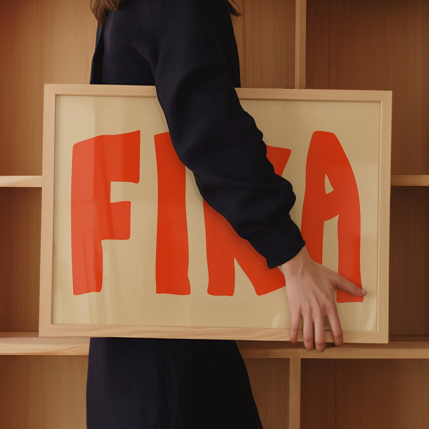 Modern Scandinavian typography poster with "FIKA" lettering, orange text or beige background.