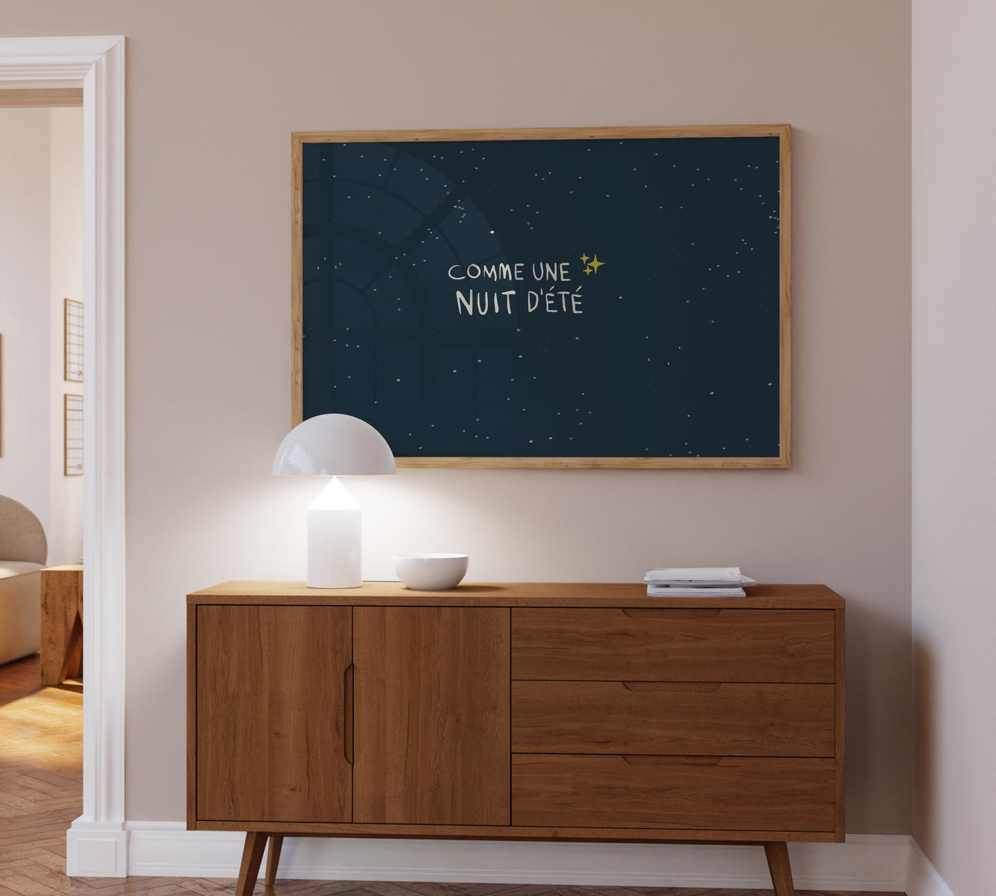 Comme Une Nuit D'Été Poster, Like A Summer Night Print, Handdrawn Illustration, Night Sky, French Poster, Goodnight Poster, Bedroom Wall Art