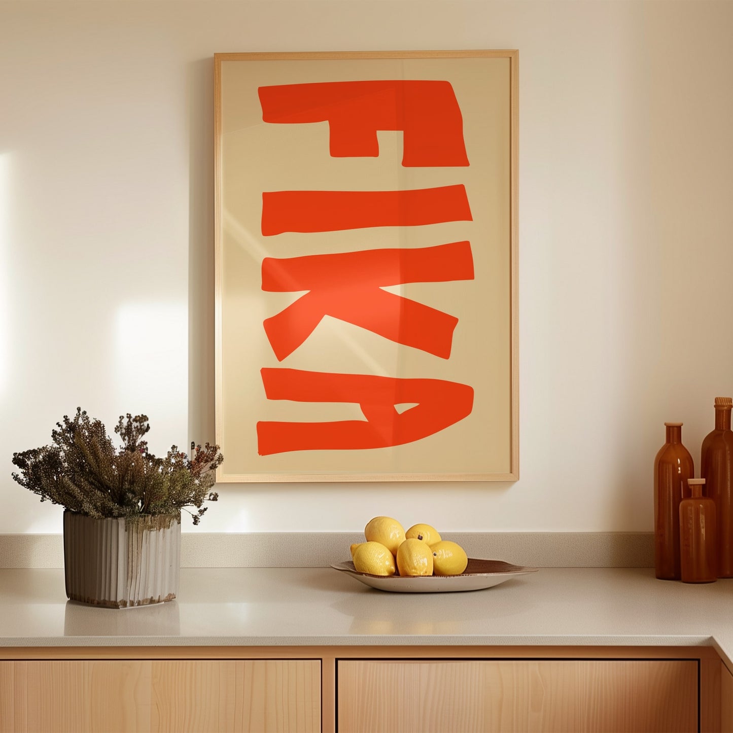 Modern Scandinavian Art Print with the Swedish word "Fika" for coffee break on it, bold orange letters on warm beige background.