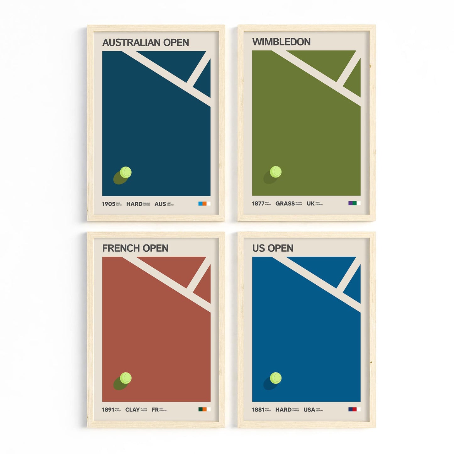 Tennis Grand Slam Poster Set – Wimbledon, US Open, Roland Garros and Australian Open Art Prints