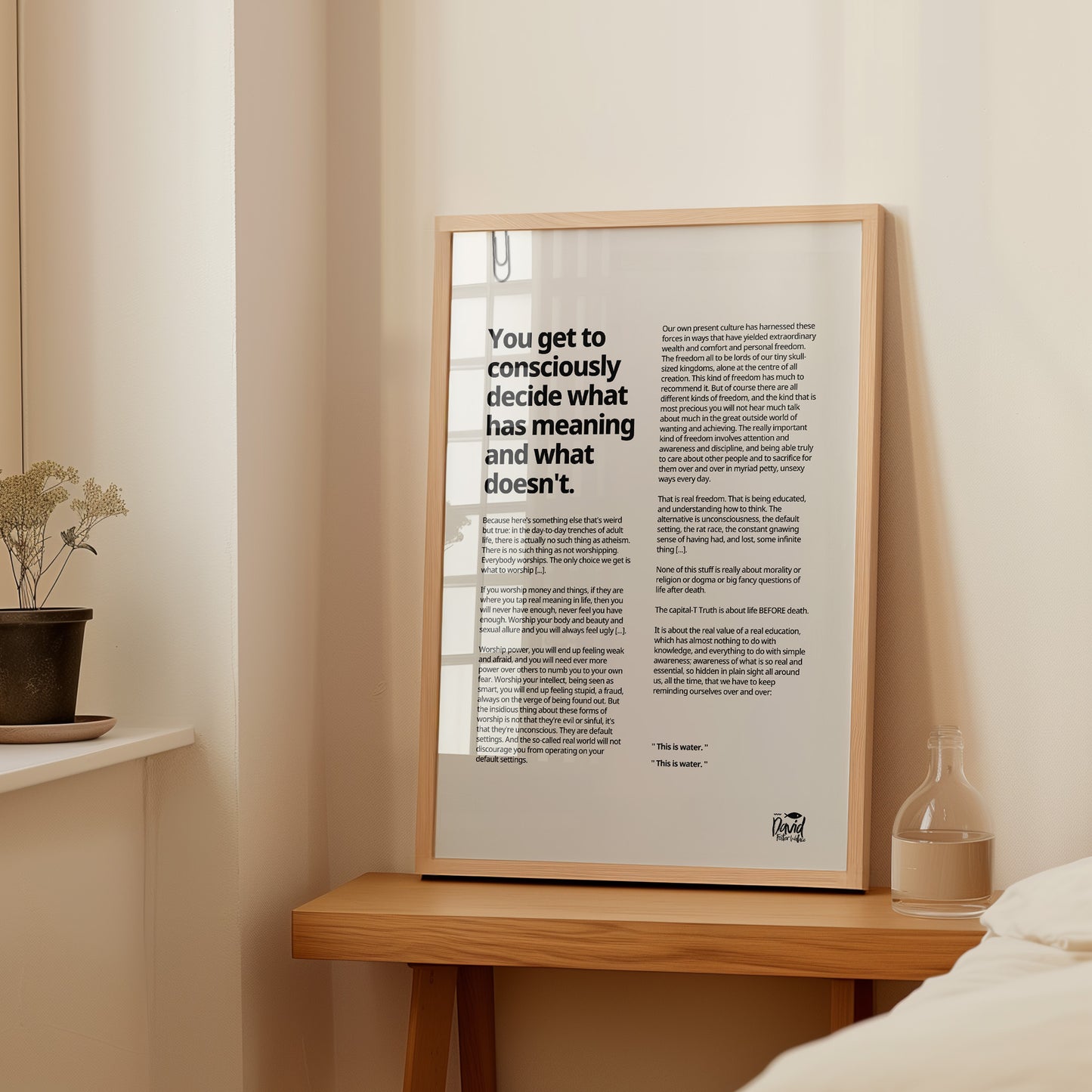 Literary wall art print referencing David Foster Wallace’s 2005 kenyon college commencement speech