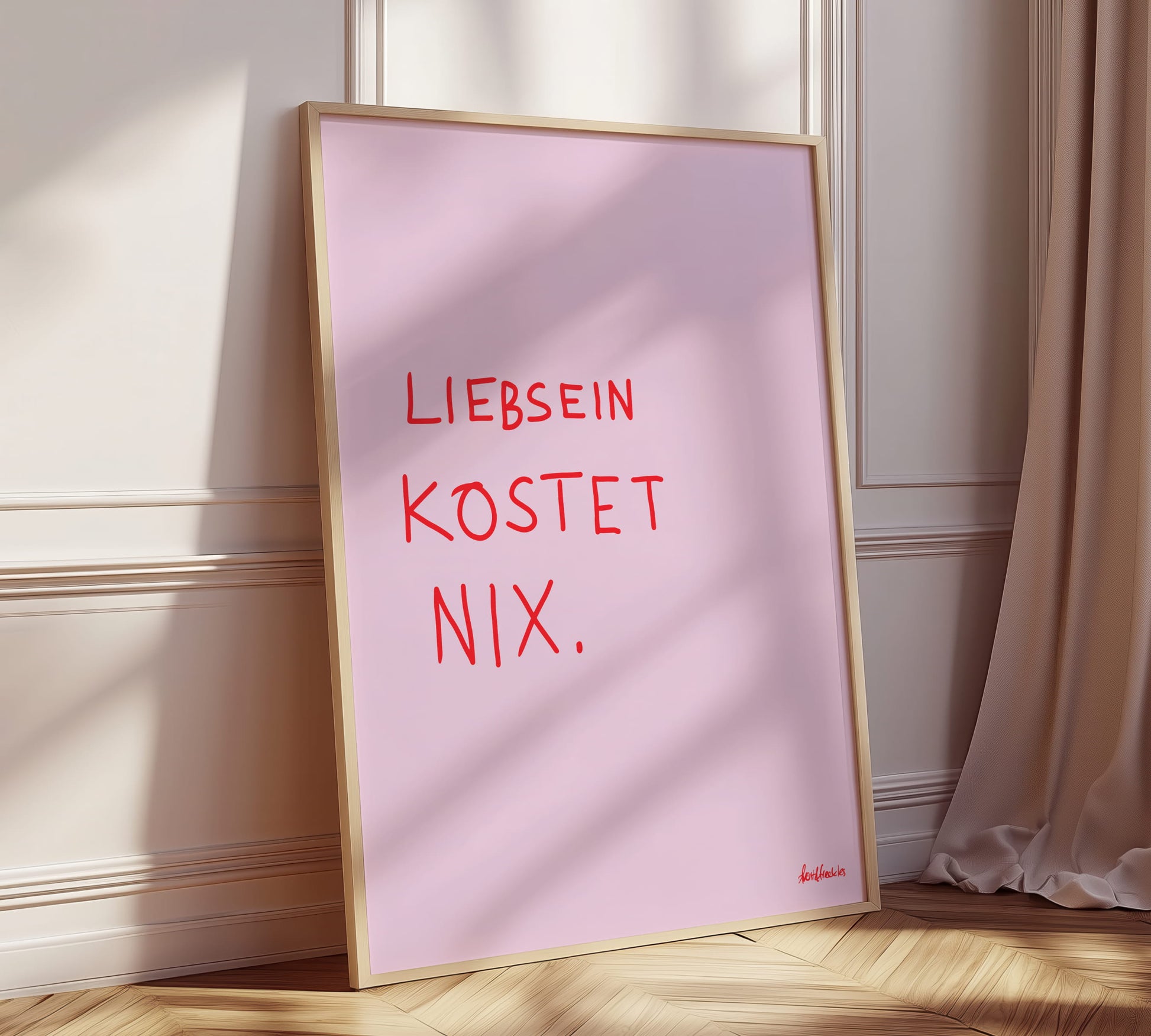 Rosa Poster mit liebevollem Spruch, gerahmt