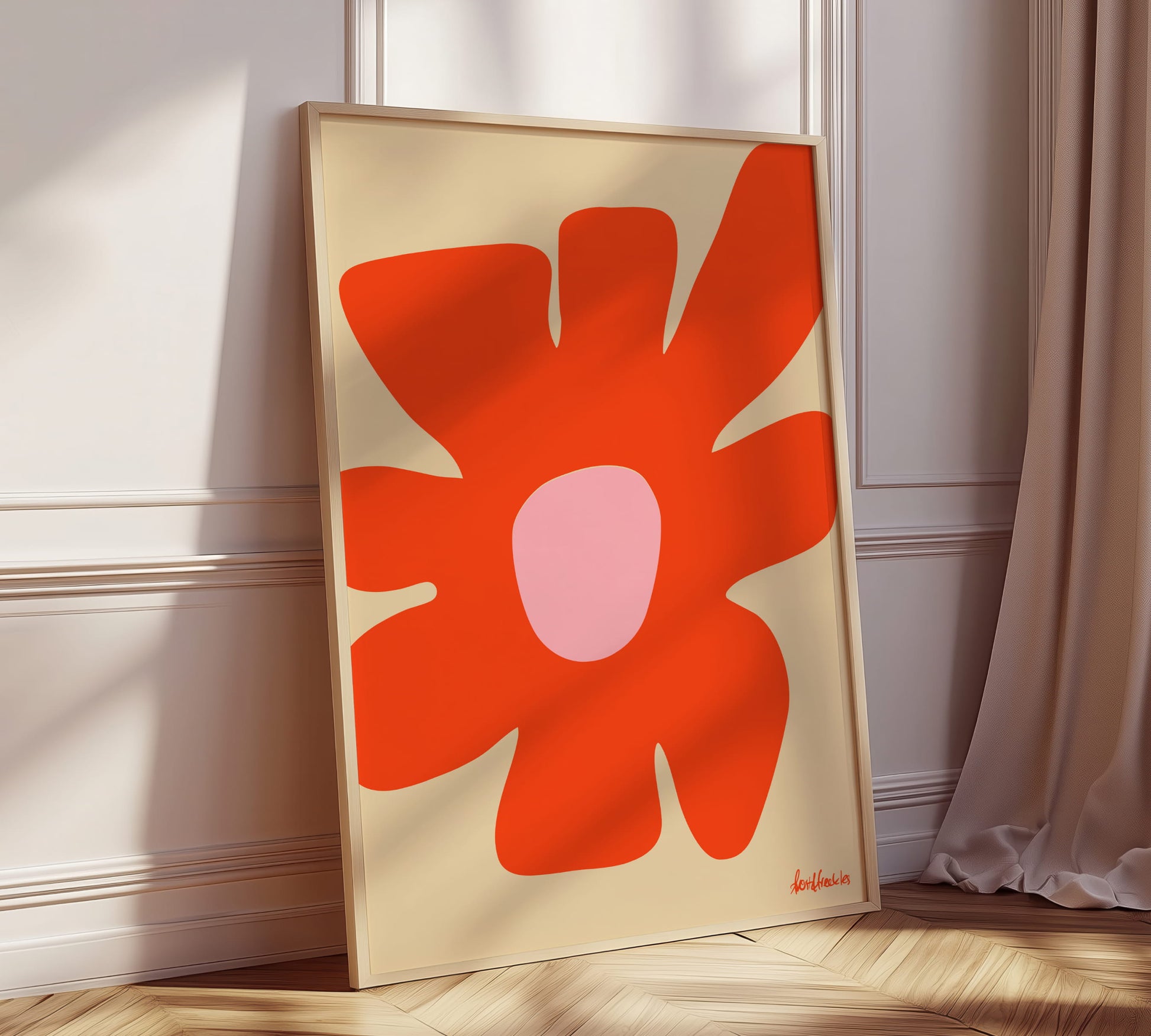 Abstraktes Blumenposter mit großer orangefarbener Daisy Form