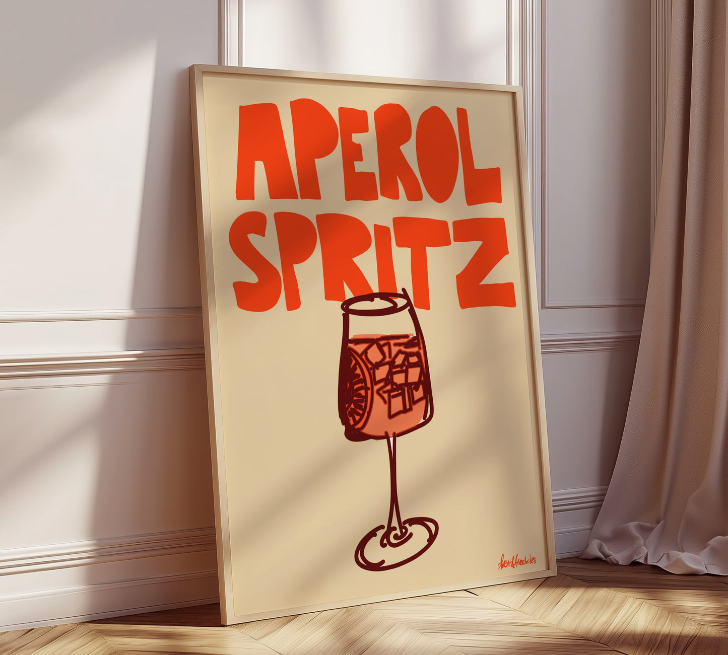 Colorful cocktail poster displayed in modern party room with summery decor
