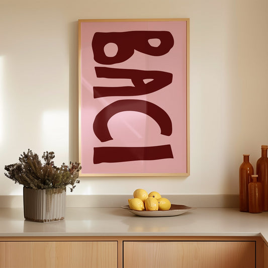 “Baci” poster in minimalist mid-century style with romantic Italian typography