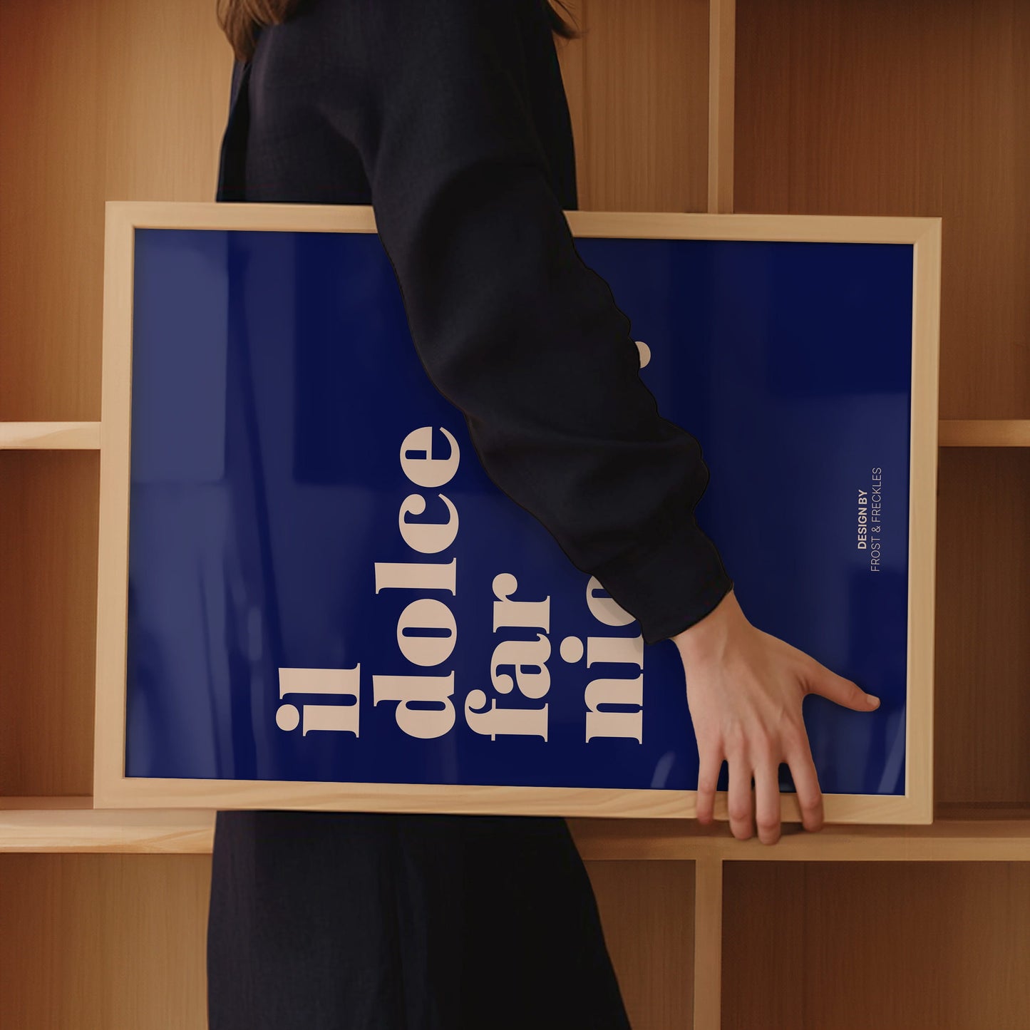 A blue and cream design poster in La Dolce Vita style for chic living room and kitchen wall decoration.