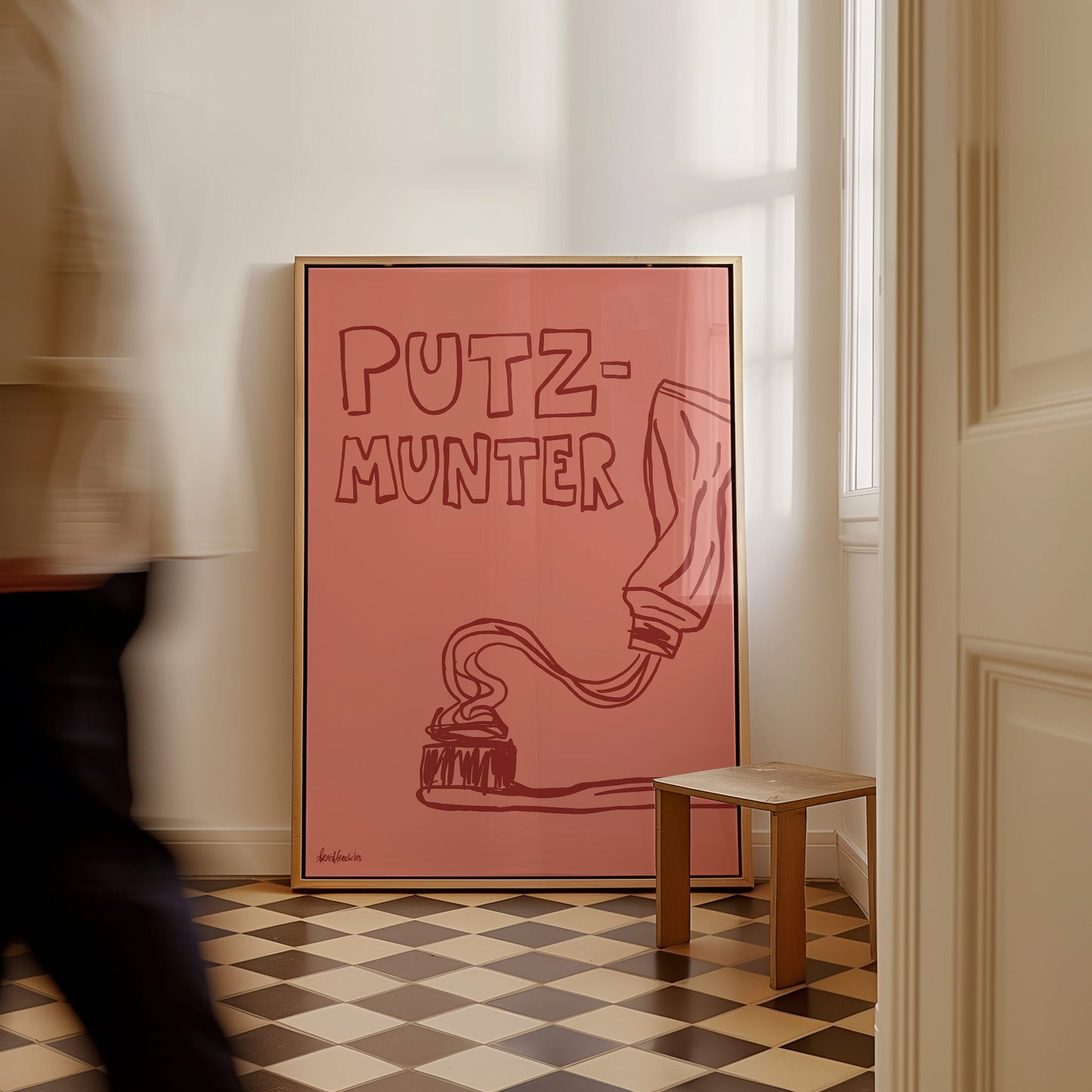 Wiztiges Poster fürs Bad mit humorvollem Wortspiel „Putzmunter“