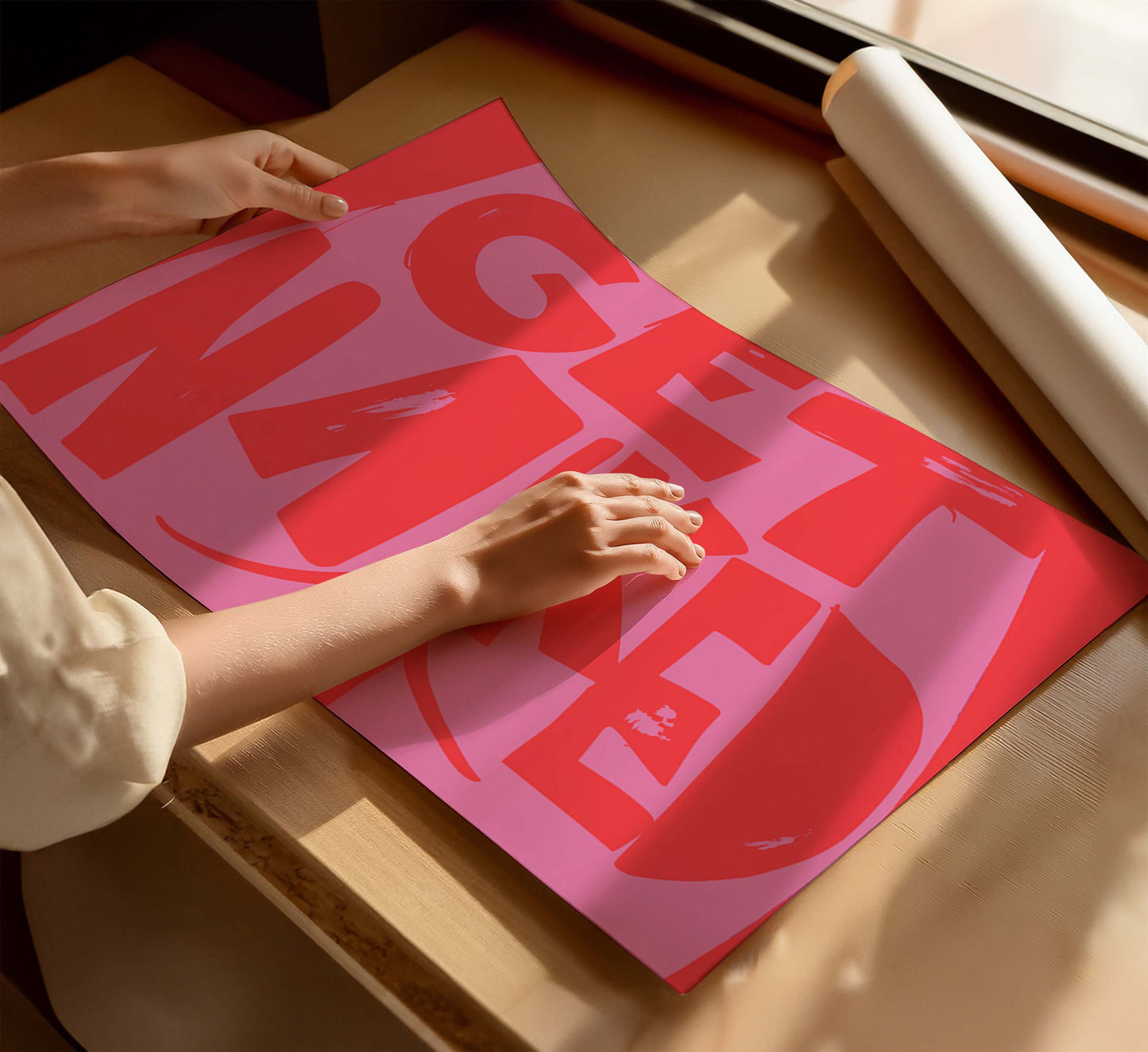 A woman holding a pink poster with the phrase “Get Naked" and a butt cheek drawing, in bold red and pink colors, on a wooden table near a window with sunlight. 
