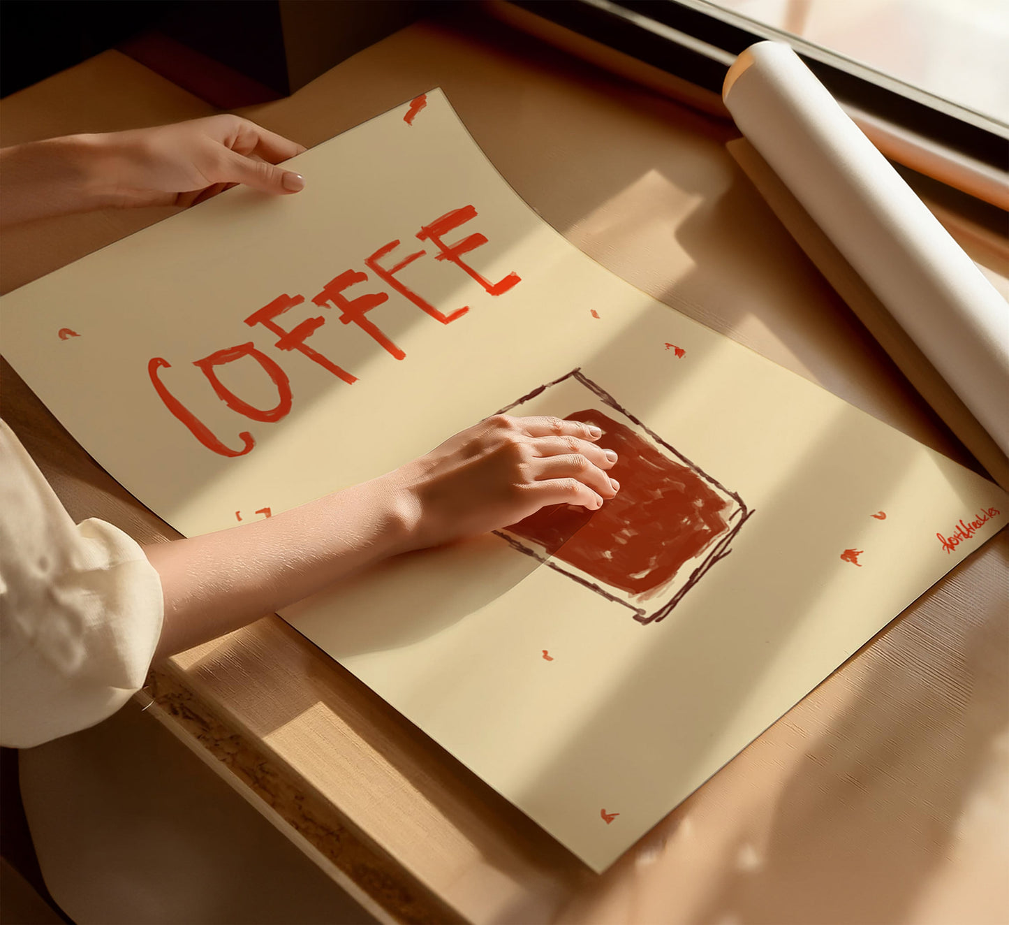 Close-up of Coffee poster featuring minimalist espresso cup illustration, modern café wall art.