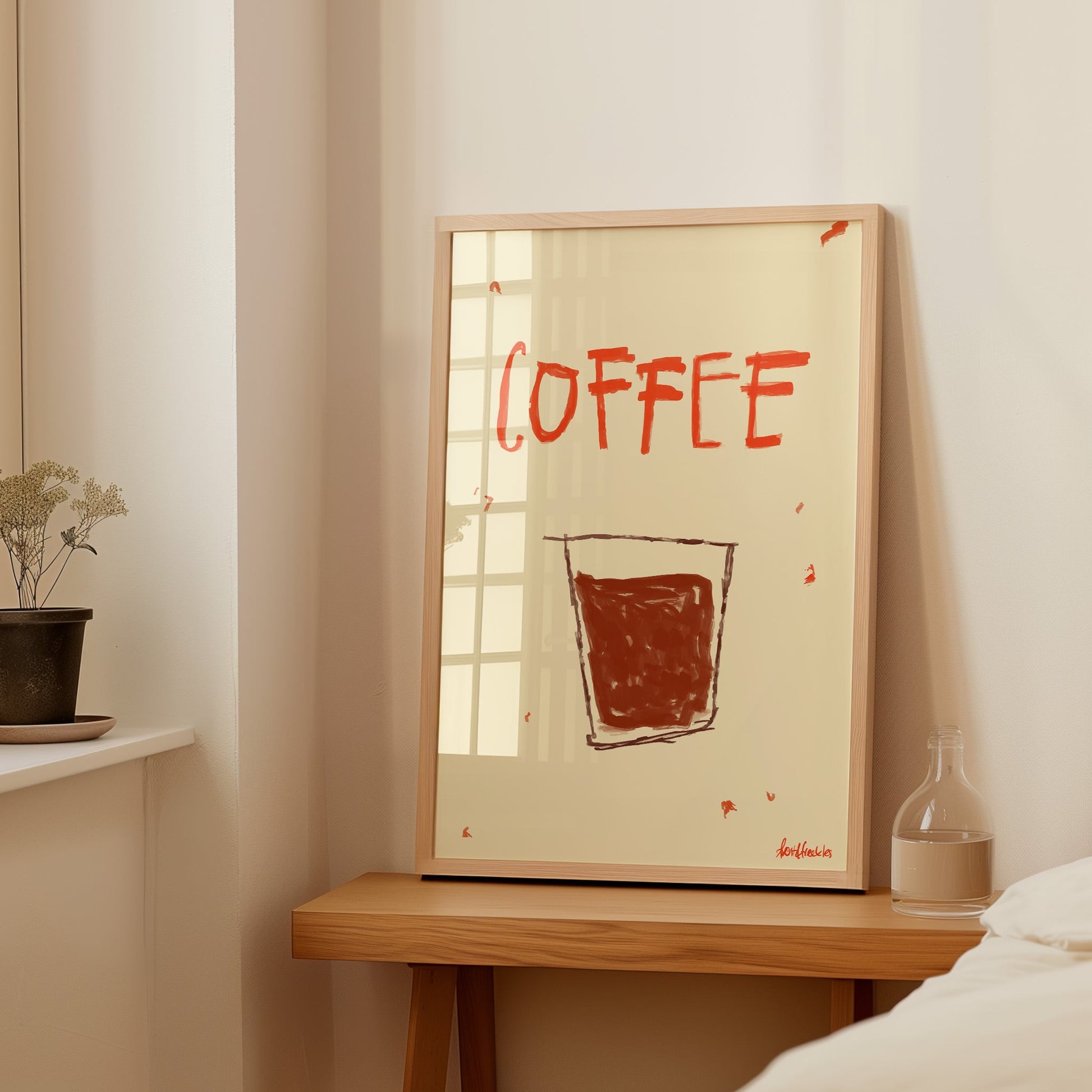 Modern Coffee print framed in light wood, boho kitchen or bedroom artwork with cozy neutral tones.