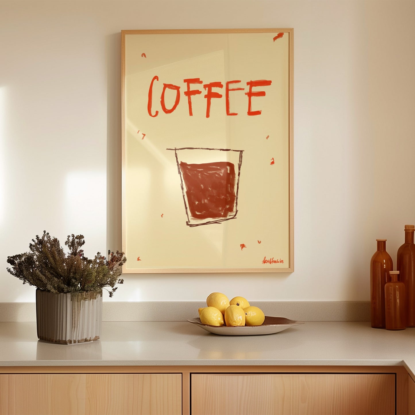 Coffee wall art print displayed above countertop, warm neutral décor for home coffee bar.