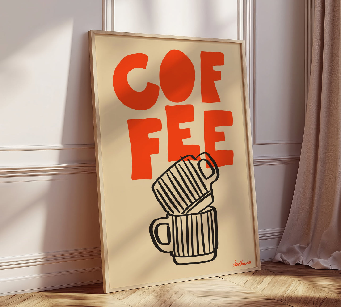 Typography coffee artwork decorating small breakfast nook, framed leaning against kitchen wall