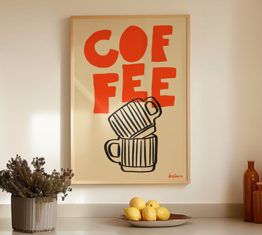 Framed coffee print hanging above counter with lemons and bottles