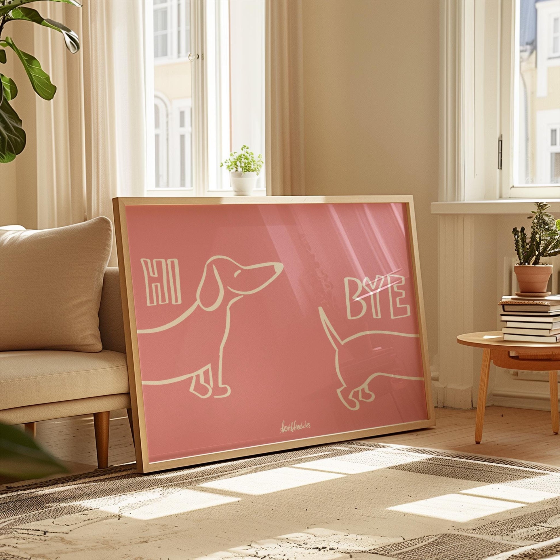 A modern minimalist poster showing a Dachshund illustration leaning against a boho couch, pink background and white lettering.