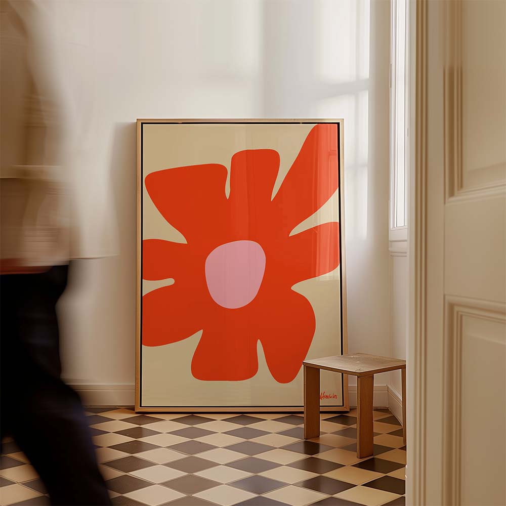 Modernes Flower Poster im Mid-Century Stil in warmen Farben, Motiv Butterblume