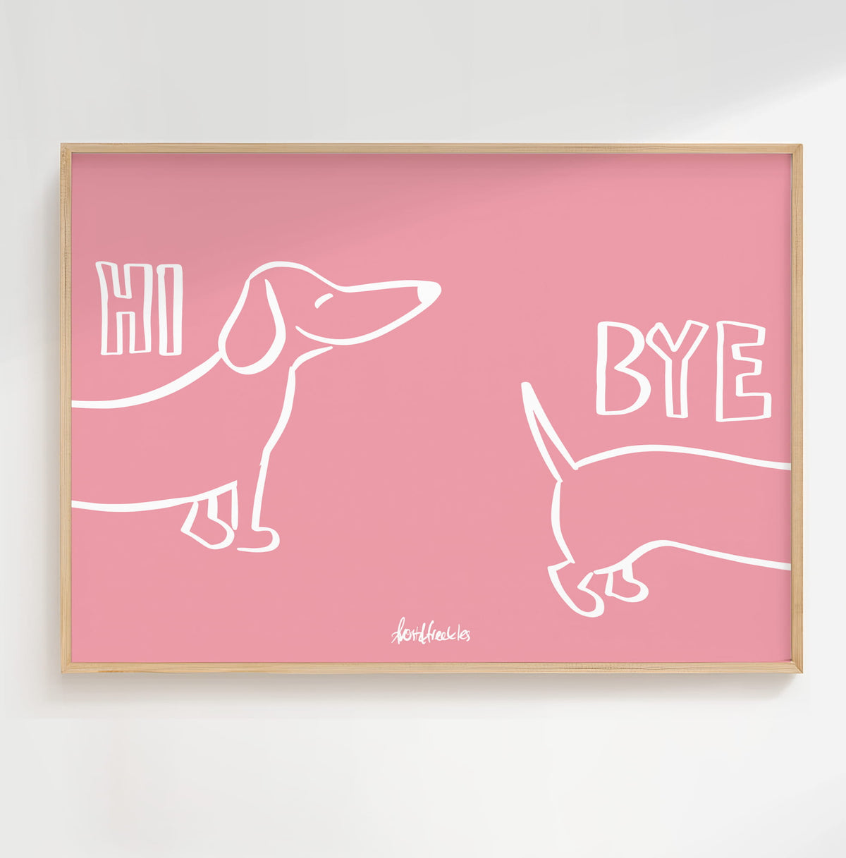 Modernes, minimalistisches Eingangsbild mit Dackel Dachshund Motiv "Hi Bye" – perfekt für den Flur als Einweihungsgeschenk.