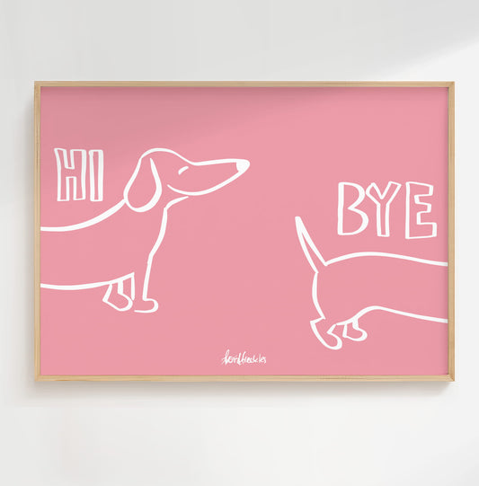 Modernes, minimalistisches Eingangsbild mit Dackel Dachshund Motiv "Hi Bye" – perfekt für den Flur als Einweihungsgeschenk.