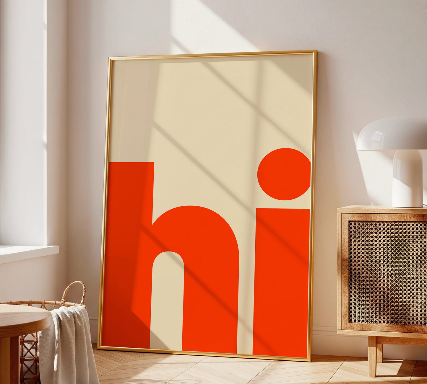 Entryway wall art minimal mit „Hi“ Schriftzug in Orange Beige