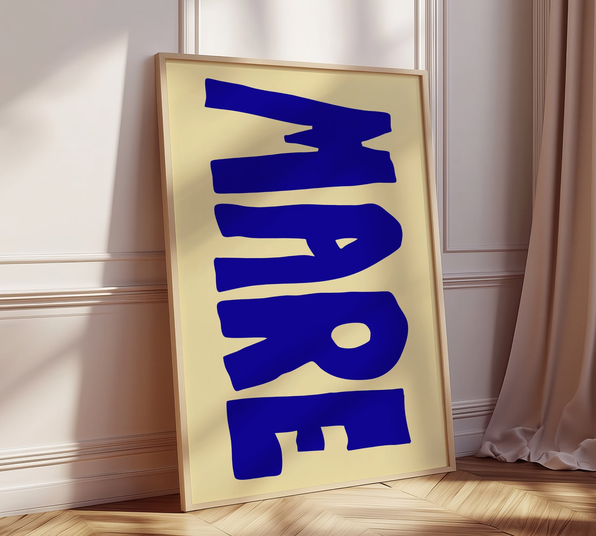 Handwritten “Mare” poster in blue on beige – minimalist Italian ocean-themed wall art