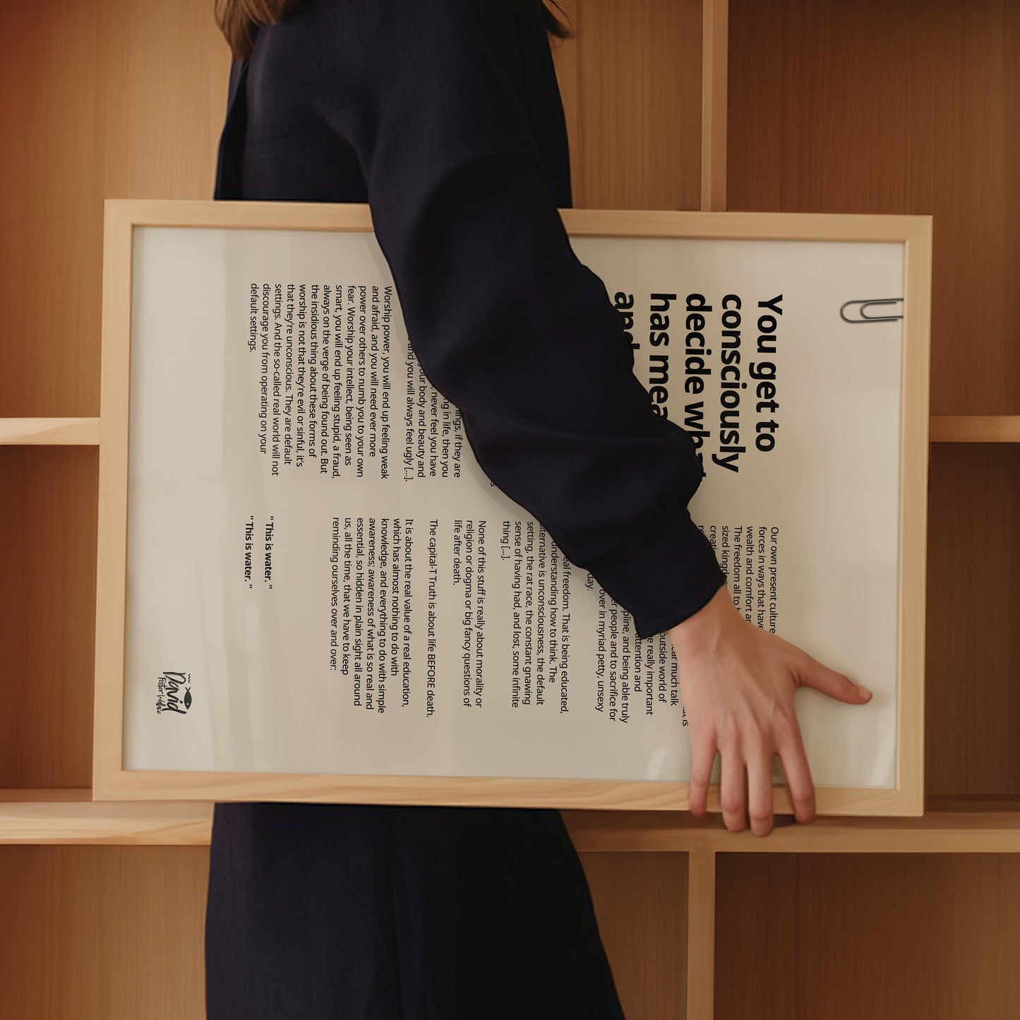 Close-up of inspirational graduation gift poster with the quote “This Is Water” by David Foster Wallace