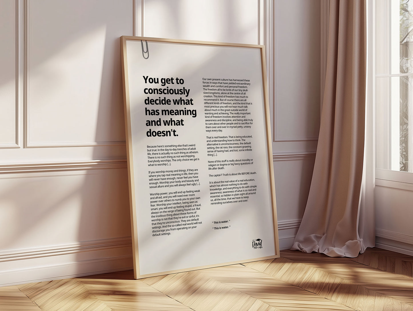 This Is Water quote wall art – modern framed typography print by David Foster Wallace leaning against bedroom wall