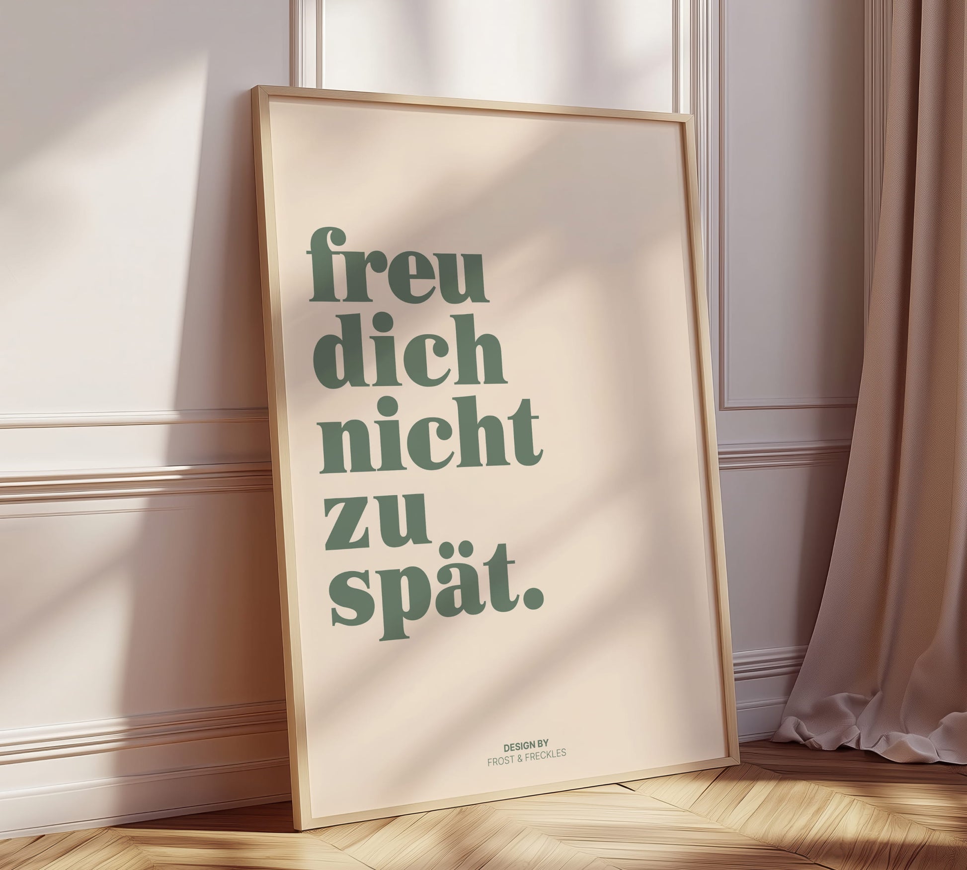 Minimalistisches Poster für Scandi oder Japandi Stil mit dem Spruch "Freu dich nicht zu früh"