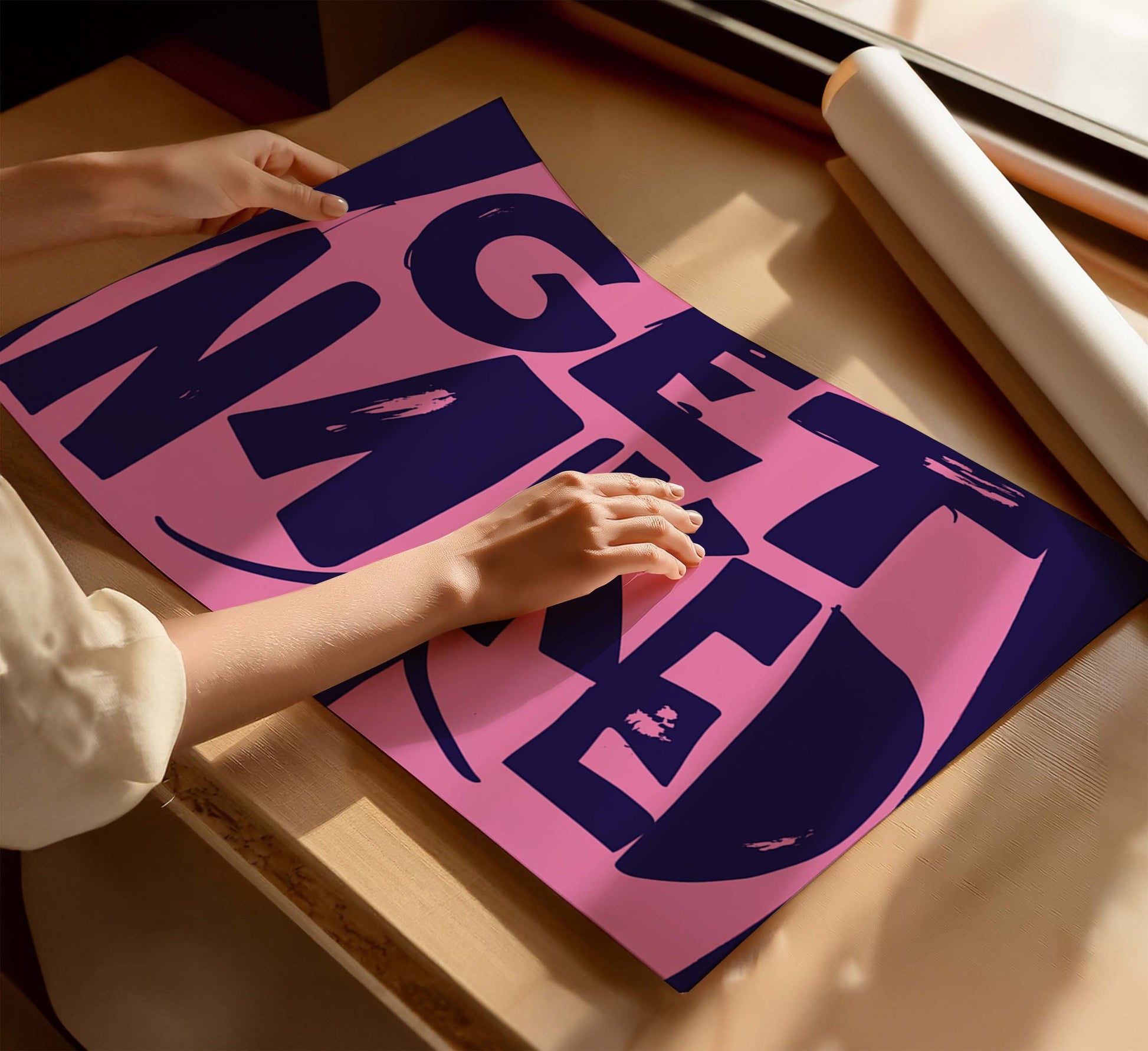 A woman holding a pink poster with the phrase “Get Naked", in bold purple text, alongside a butt cheek drawing, on a wooden table near a window with sunlight. 
