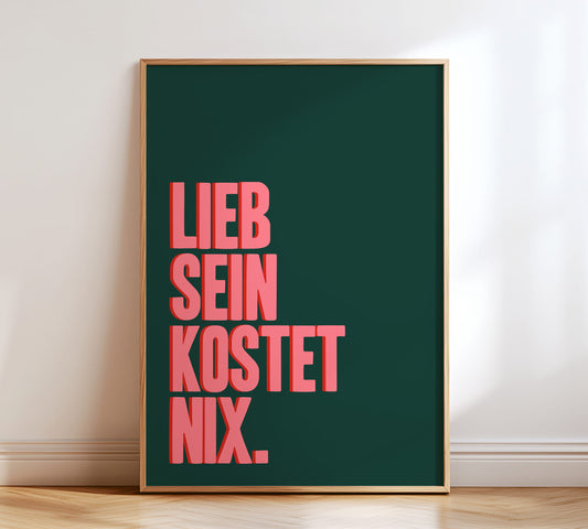 Typografie Poster mit dem Spruch "Lieb sein kostet nix" in Grün und Pink