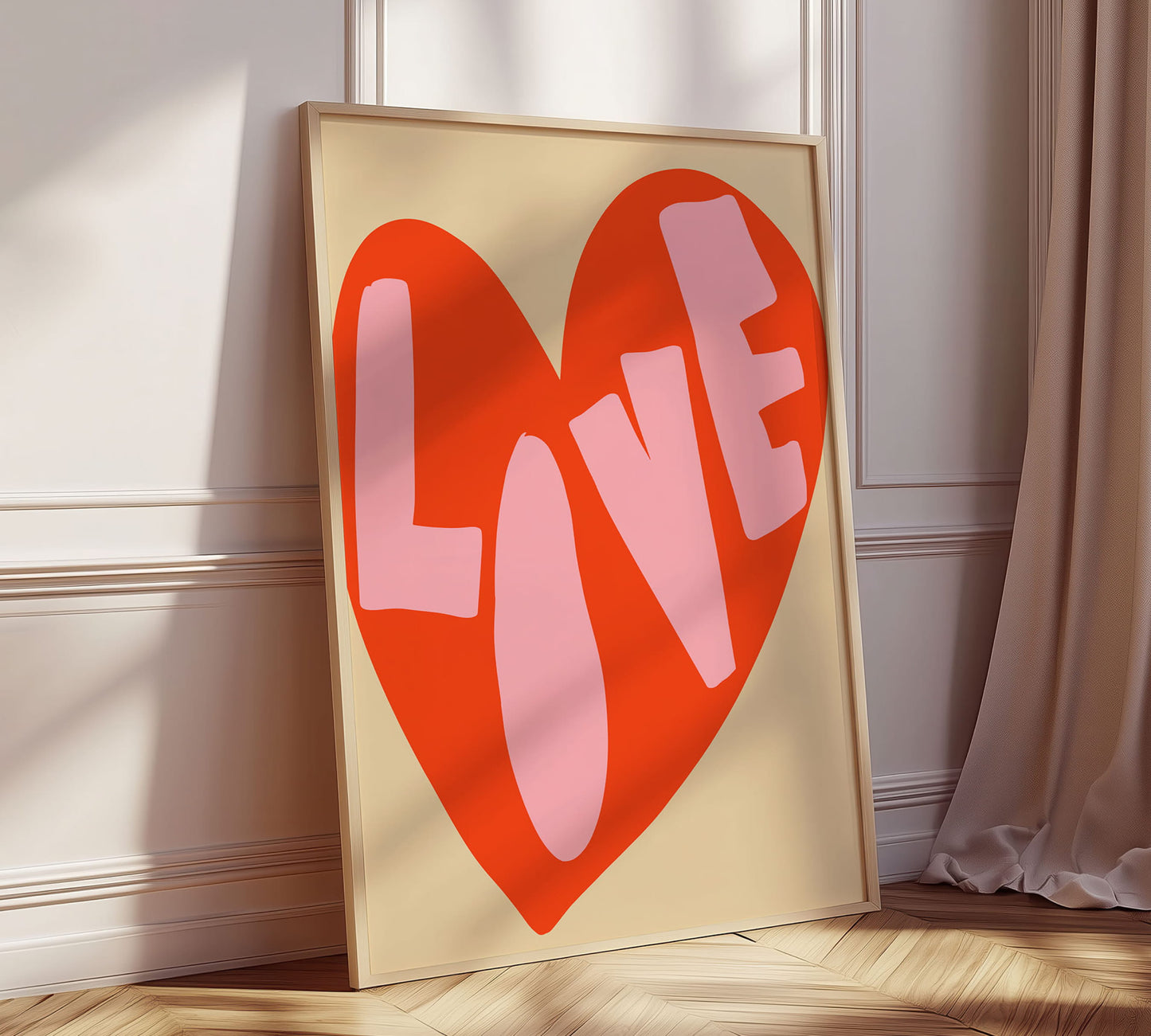 Modernes LOVE Poster mit orange pinkem Herz als Wanddeko