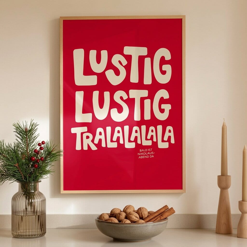 Minimalistisches Typografie-Poster mit dem Text „Lustig Lustig Tralalalala“ in weißer Schrift auf leuchtend rotem Hintergrund.