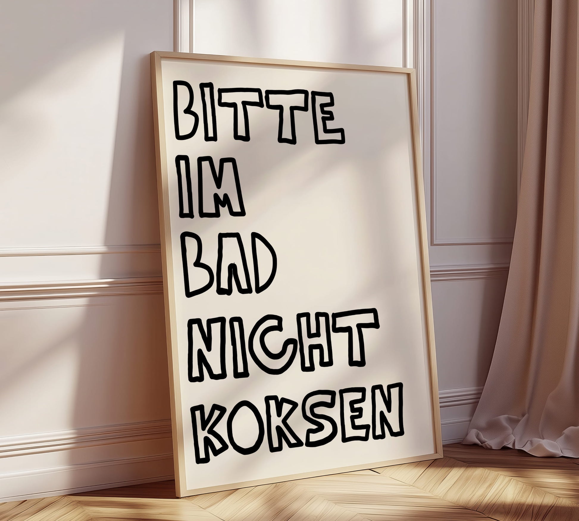 Lustiges Badezimmer Poster mit provokantem Text "Bitte im Bad nicht Koksen" in Handschrift