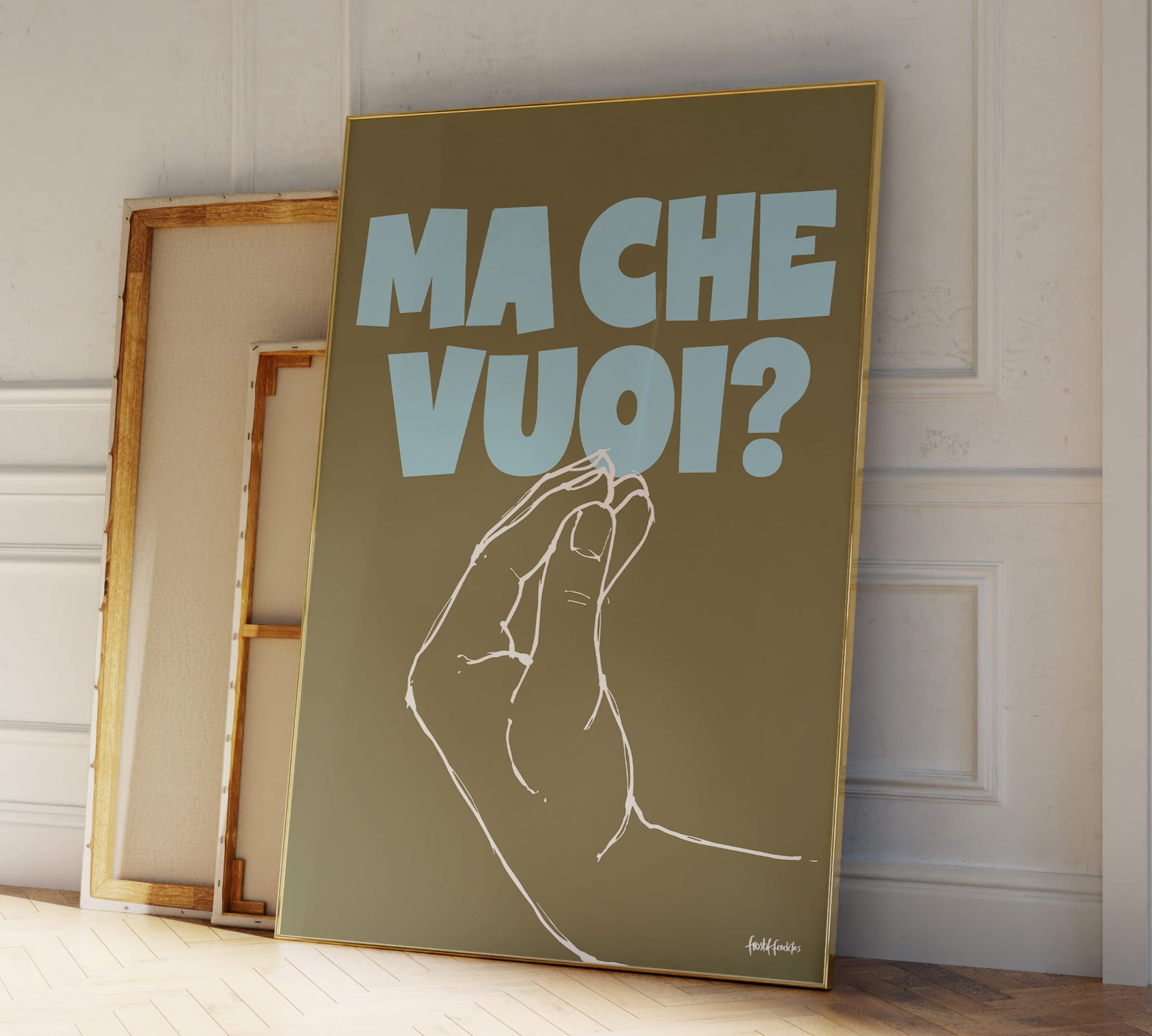Kunstdruck der bekannten Italian Finger Purse Handgeste mit dem Schriftzug MA CHE VUOI in der Farbkombination Salbeigrün und Babyblau.