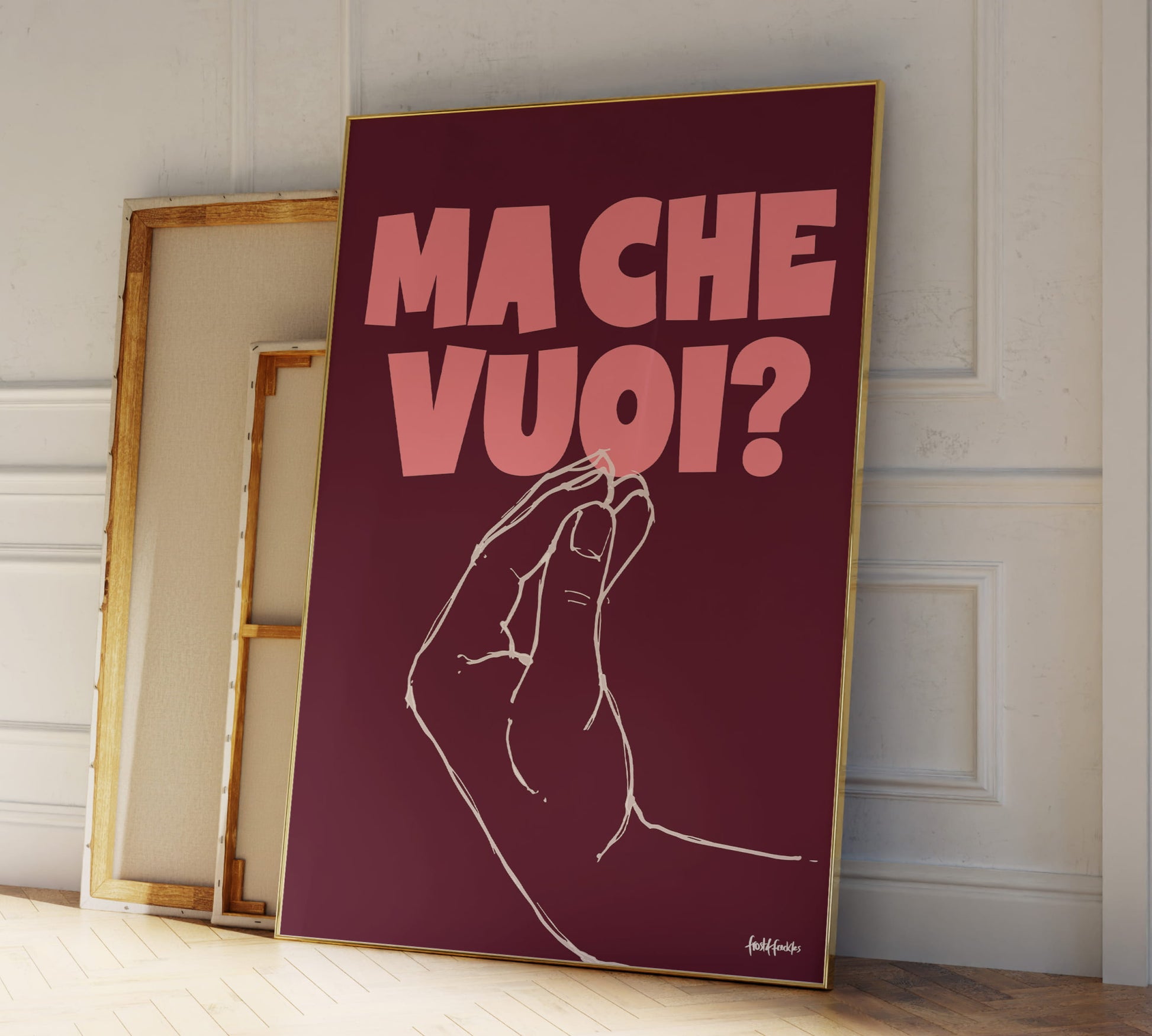 Italiens bekannte Handgeste Finger Purse mit dem Spruch MA CHE VUOI als stilvoller Art Print für eine moderne Gallery Wall im Wohnzimmer.
