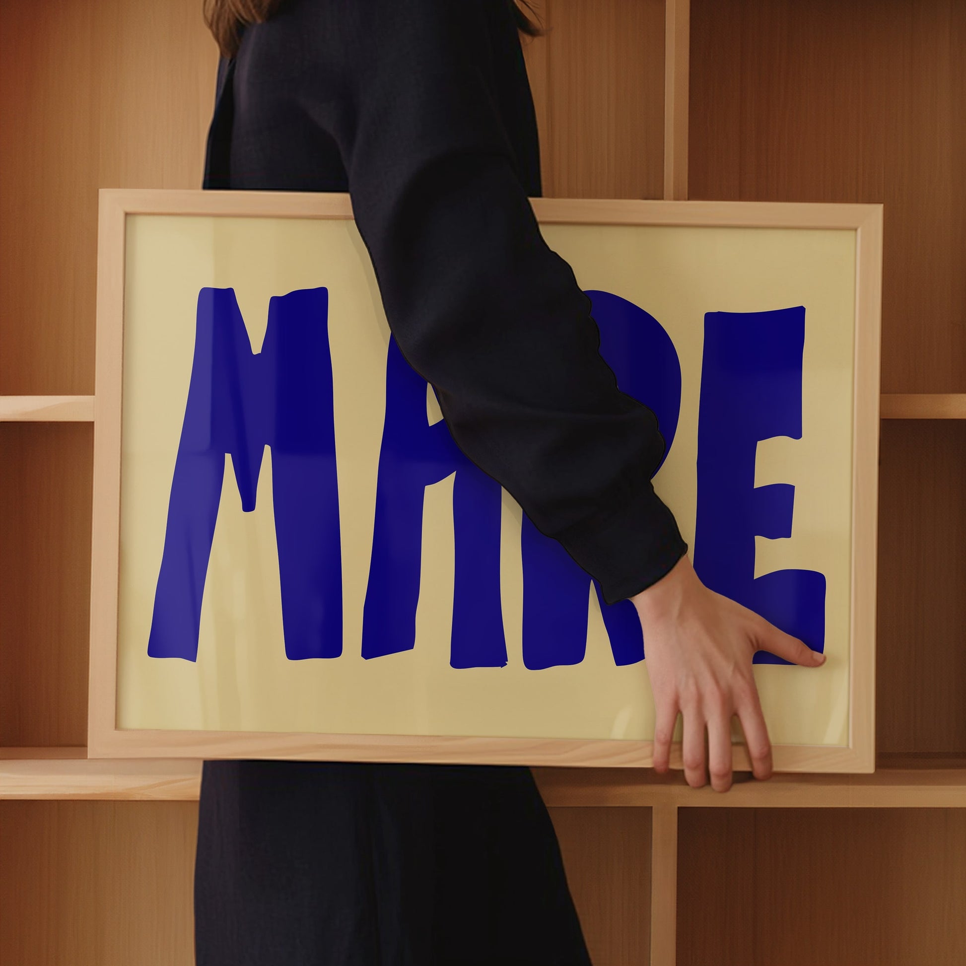 Modern handwritten typography poster with "Mare" lettering, blue text or warm beige background.