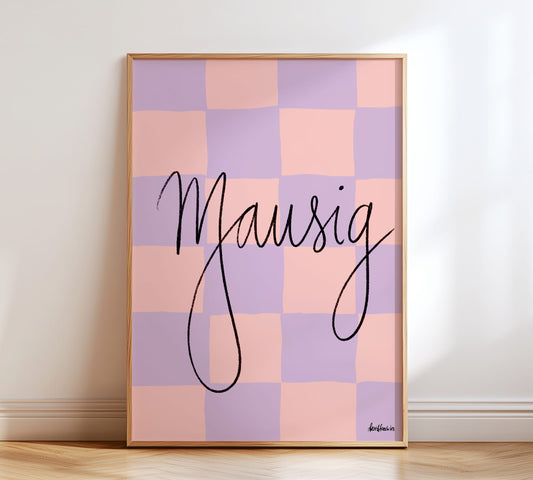 Mausig Poster in Lila / Rosa mit kariertem Hintergrund in Schreibschrift