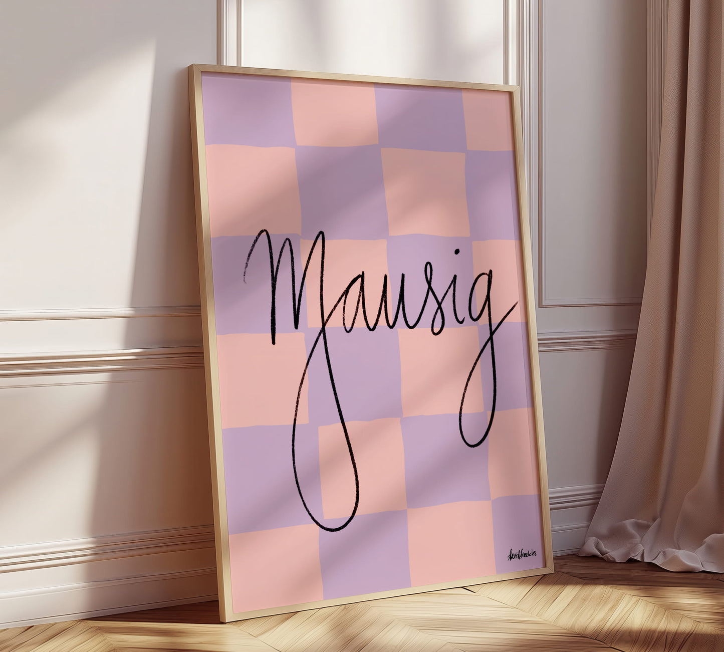 Gerahmter Mausig Print als kariertes Wandbild in Pastellfarben Violett und Rosa / Pink