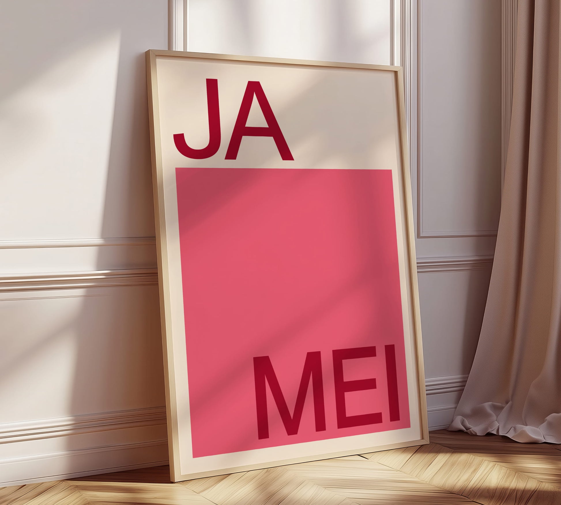 Dezente gerahmte Wanddeko mit „Ja mei“ als Statement im modernen Pantone Stil