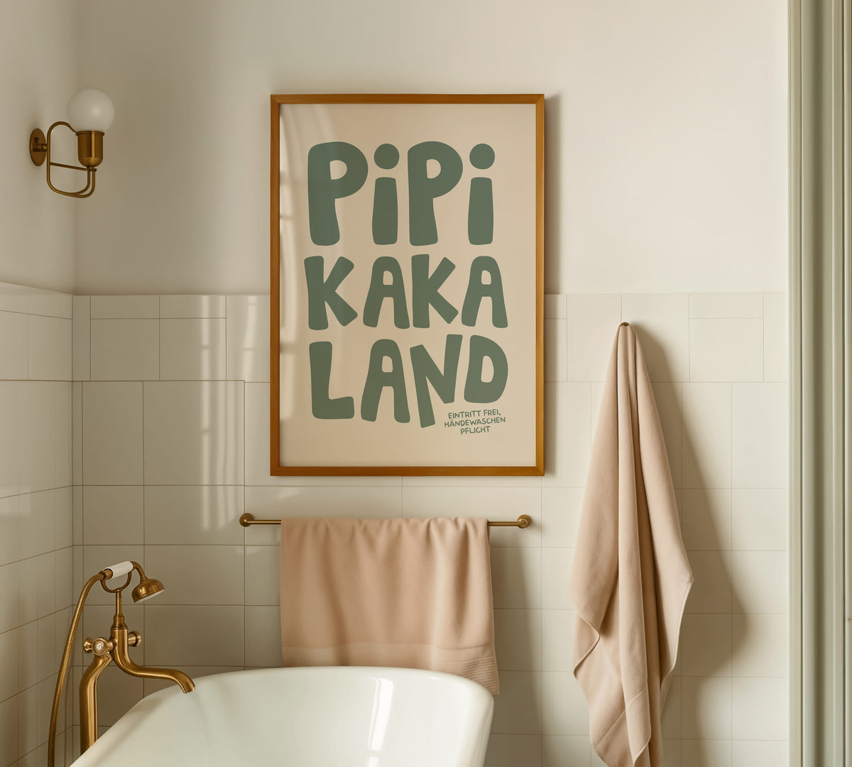 Gerahmtes Badezimmer Wandbild „Pipi Kaka Land“ in einem hellen Holzrahmen an einer hellen Wand über der Badewanne.
