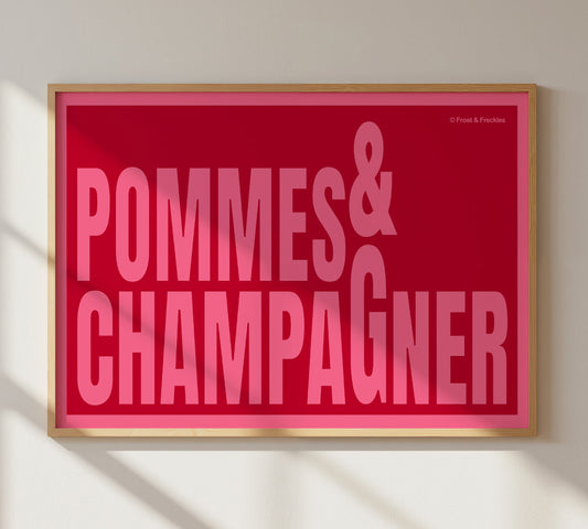 Gerahmtes Typografie Poster „Pommes & Champagner“ in kräftigem Pink und Rot