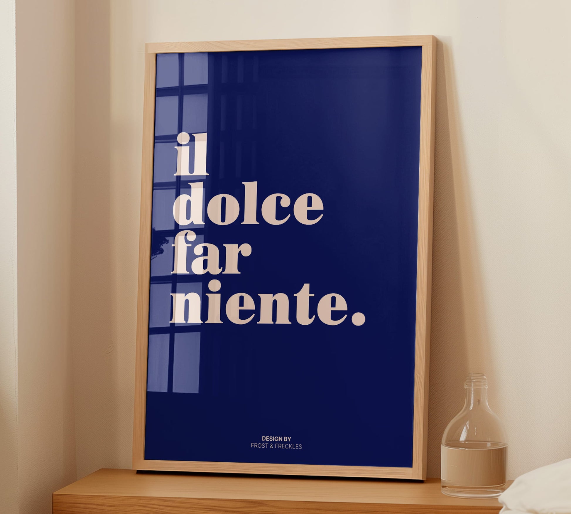 Framed Italy mediterranean poster combined with minimalist interior design, ceramic vases, and summer vibes.