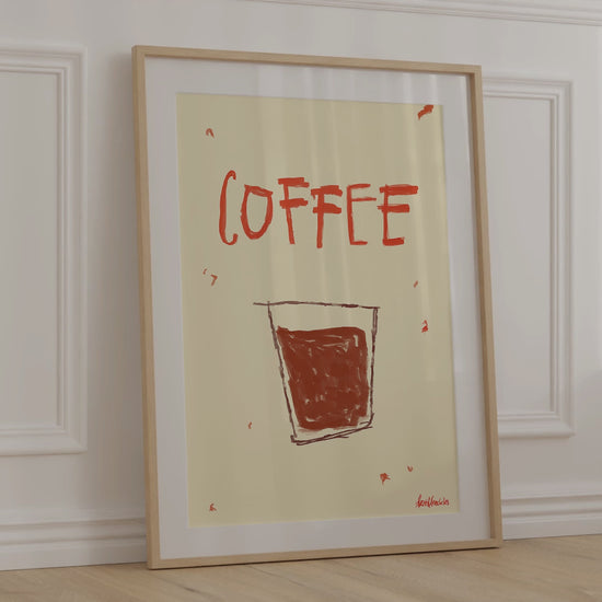 Minimalist Coffee poster print with espresso tones, framed on kitchen wall in modern boho style.