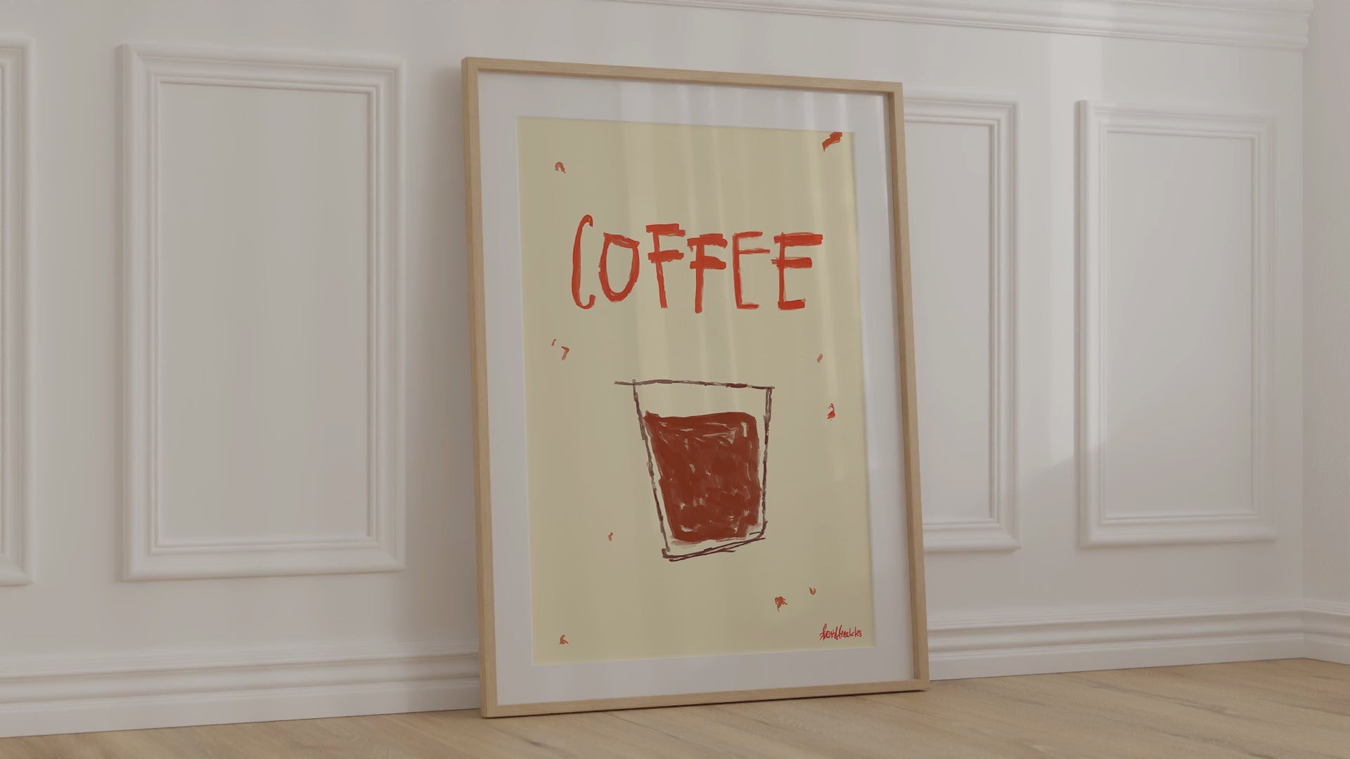 Minimalist Coffee poster print with espresso tones, framed on kitchen wall in modern boho style.