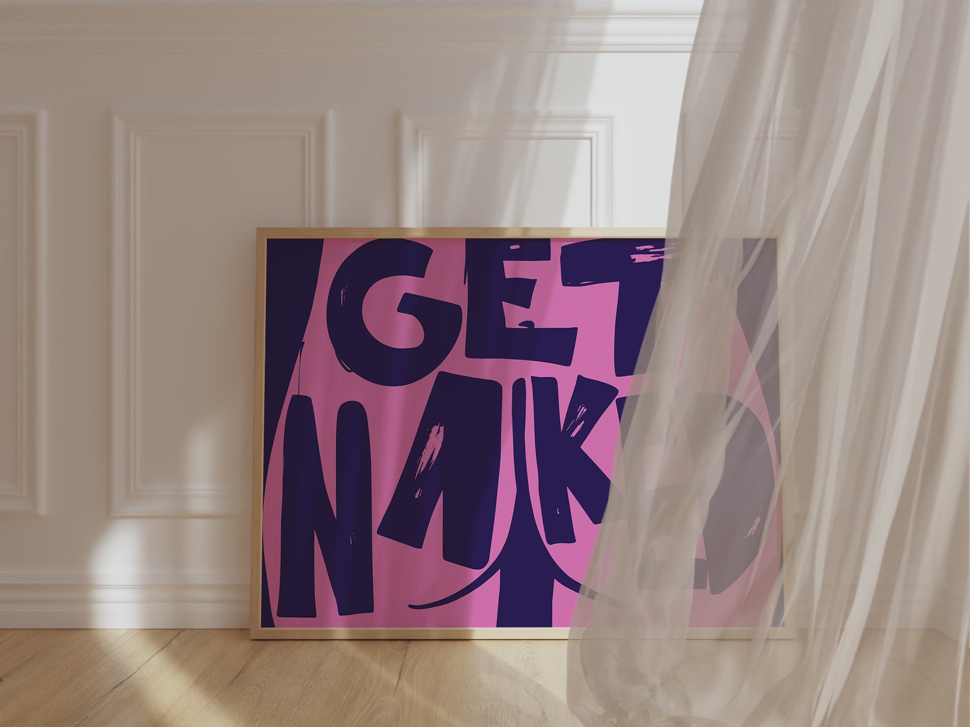 A framed picture leaning against a bathroom wall, purple background and bold pink letters reading "Get Naked", alongside a butt cheek illustration.