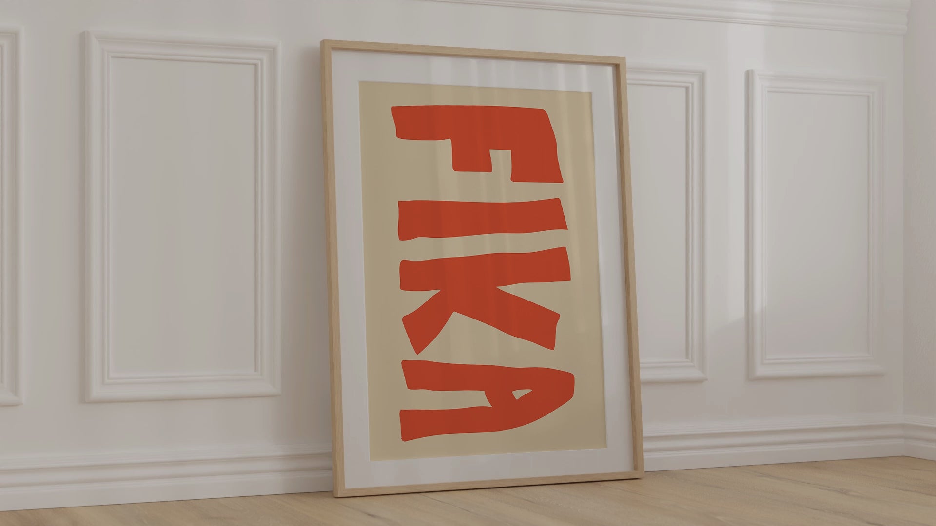 A modern, minimalist print of the Swedish word "FIKA" for coffee break in big bold orange letters on a warm beige background.