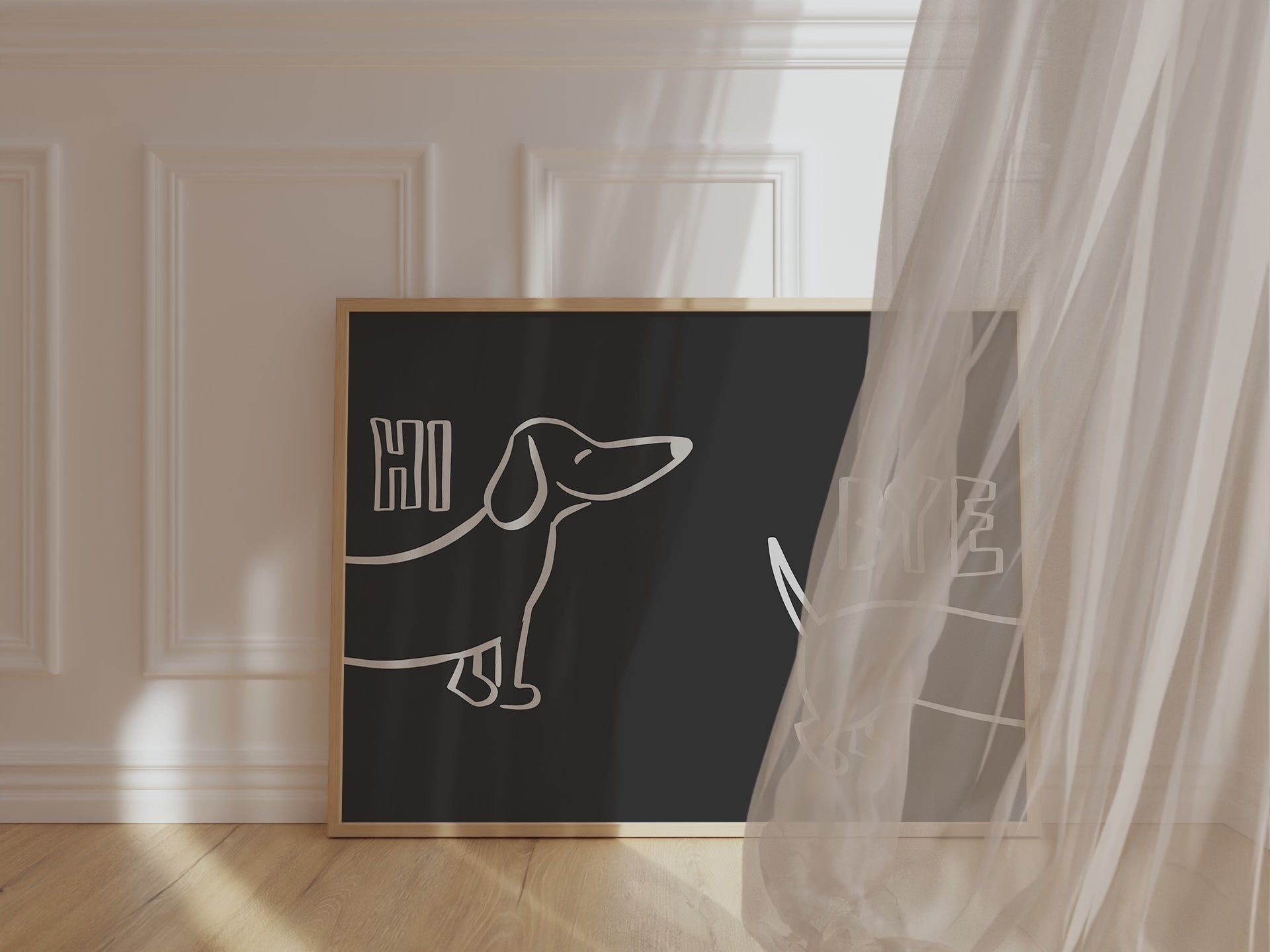 A framed picture leaning against a hallway wall, black background and bold white letters reading "Hi Bye", with cute sausage dog illustration in center.