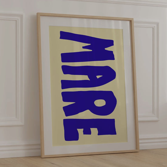 A modern, minimalist print of the Italian word "MARE" for wine in big bold blue letters on a warm beige background.