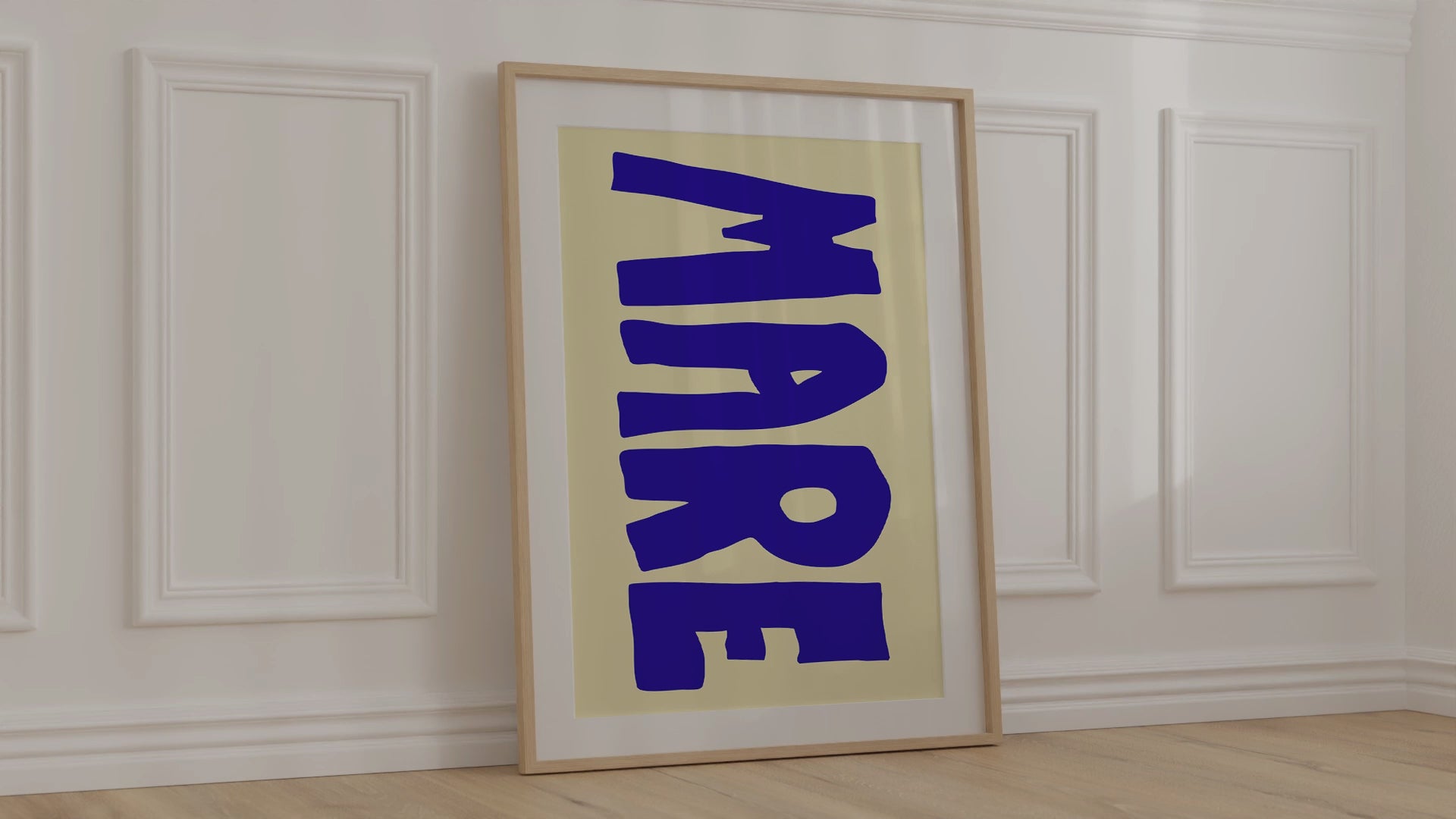 A modern, minimalist print of the Italian word "MARE" for wine in big bold blue letters on a warm beige background.
