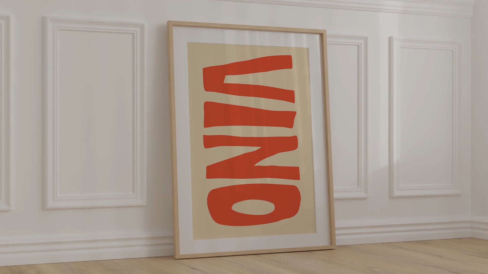 A modern, minimalist print of the Italian word "VINO" for wine in big bold orange letters on a warm beige background.