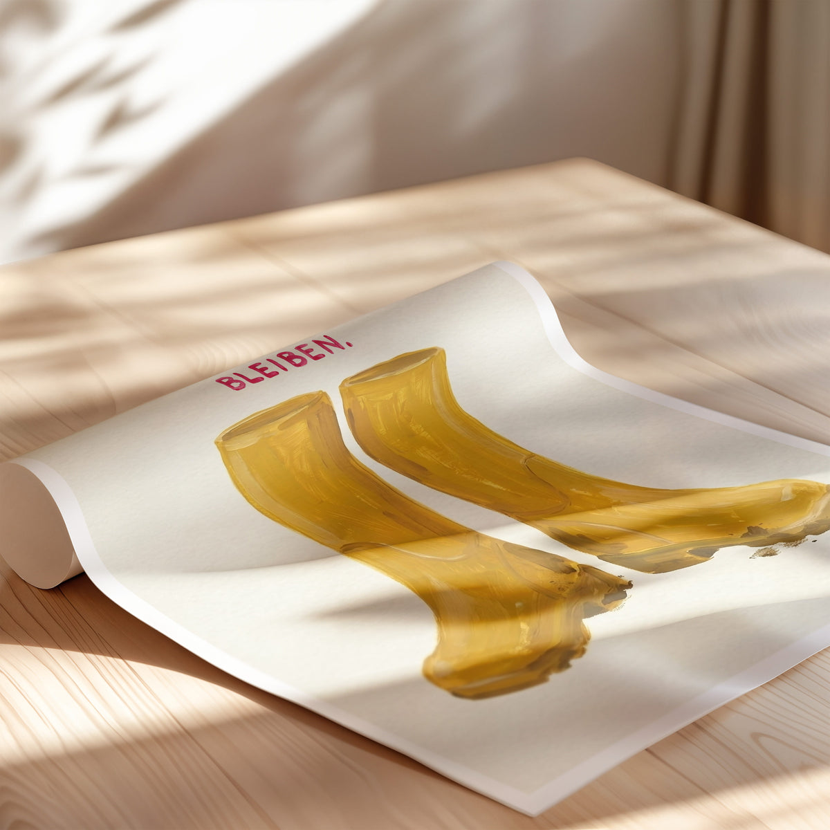 Detailansicht der feinen Illustration der Gummistiefel und der matten Papierstruktur des Wandbildes.